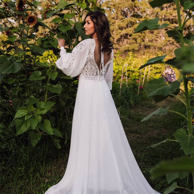 bride with a new wedding dress looking left